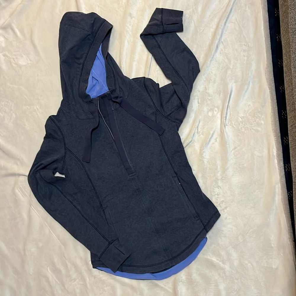Lululemon Post Sweat 1/4 zip Hooded pullover, ribbon ties, size 6, color blue